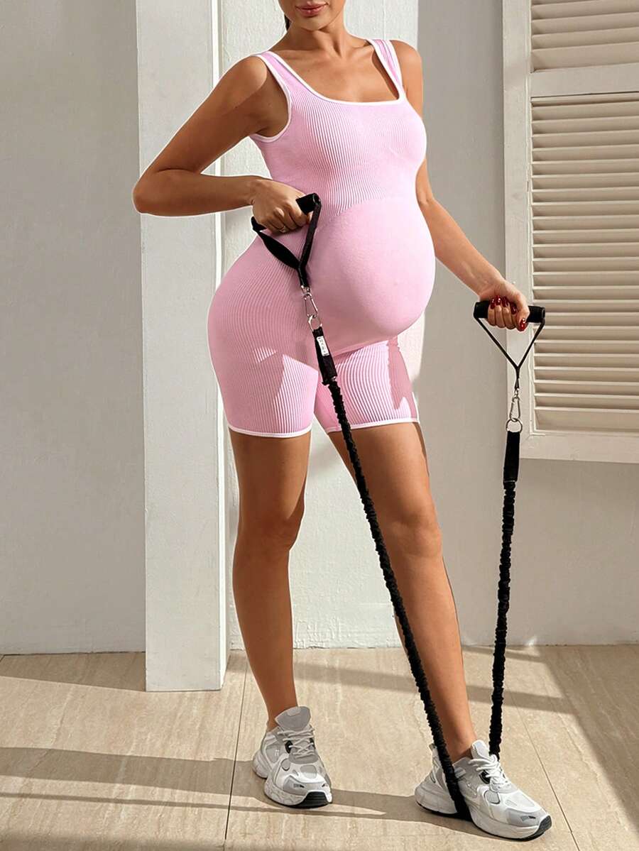 Maternity Contrast Trim Scoop Neck Sleeveless Jumpsuit - Slim Fit Seamless Sportswear