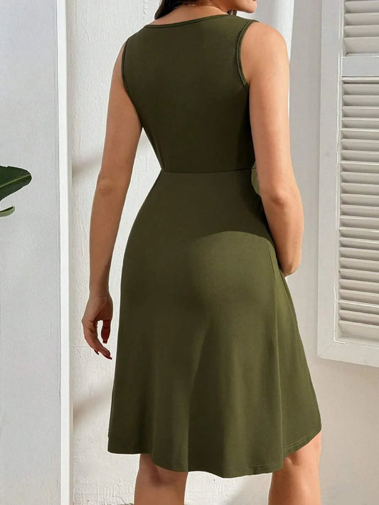 Maternity Army Green Sleeveless Square Neck Ruched High Waist A-Line Mini Dress - Casual Knitted Slim Fit Flare Maternity Sundress