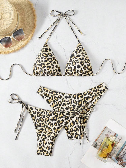 Swim Vcay Summer Beach Women 3pcs/Set Solid Color Halter Backless Tie Top + Knotted Triangle Bikini Bottom + Triangle Bikini Set Set Animal Print Swim Wear Bathing Suit Sets Animal Print Bikini Cheetah Print Bathing Suit Women Swimwear Sets