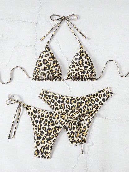 Swim Vcay Summer Beach Women 3pcs/Set Solid Color Halter Backless Tie Top + Knotted Triangle Bikini Bottom + Triangle Bikini Set Set Animal Print Swim Wear Bathing Suit Sets Animal Print Bikini Cheetah Print Bathing Suit Women Swimwear Sets