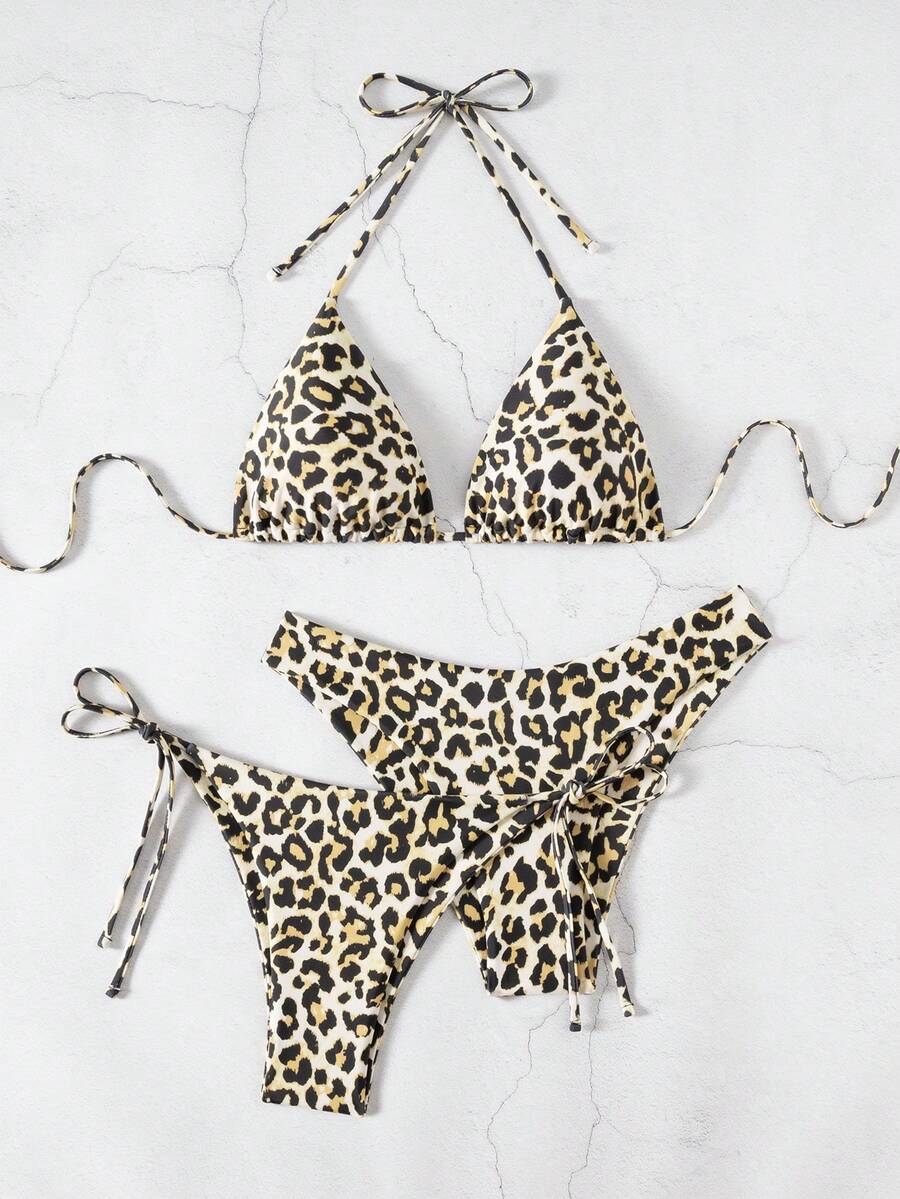Swim Vcay Summer Beach Women 3pcs/Set Solid Color Halter Backless Tie Top + Knotted Triangle Bikini Bottom + Triangle Bikini Set Set Animal Print Swim Wear Bathing Suit Sets Animal Print Bikini Cheetah Print Bathing Suit Women Swimwear Sets