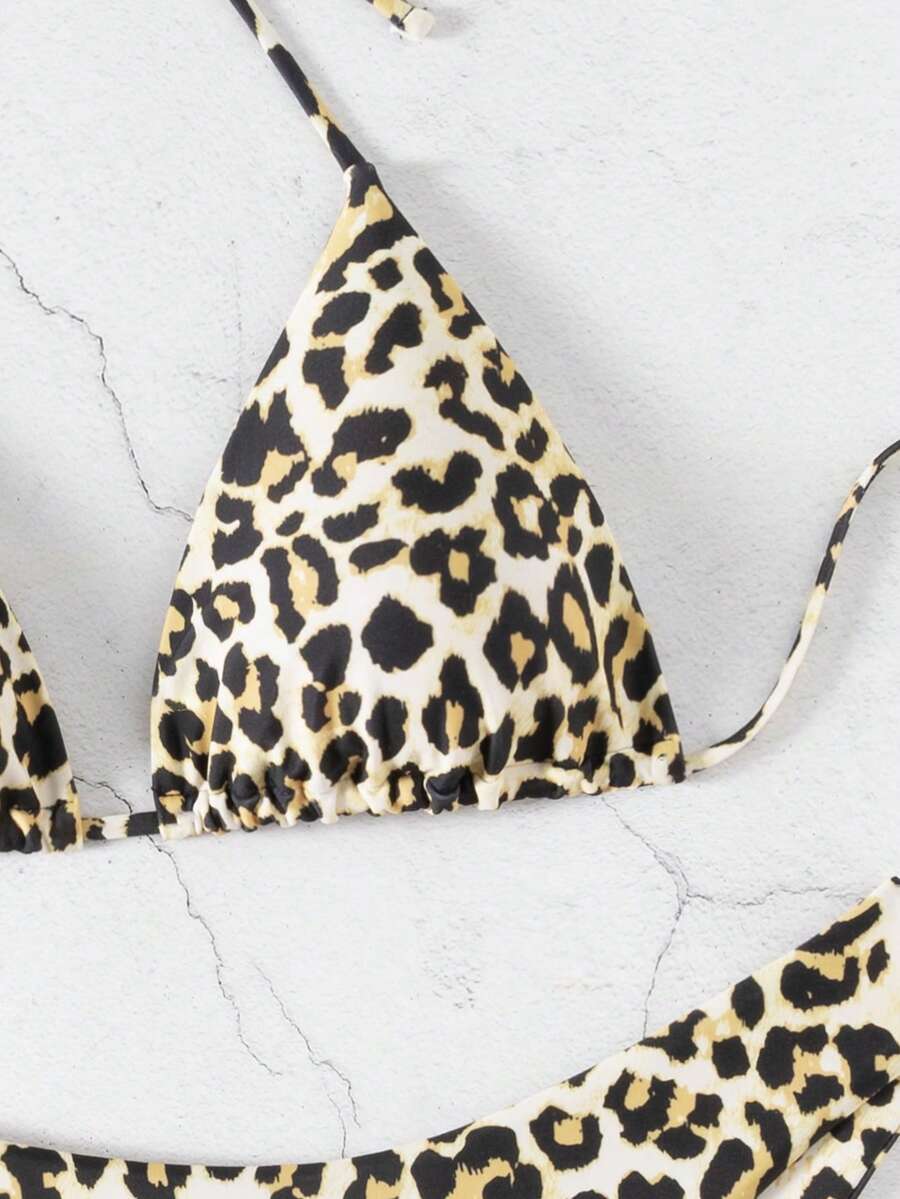 Swim Vcay Summer Beach Women 3pcs/Set Solid Color Halter Backless Tie Top + Knotted Triangle Bikini Bottom + Triangle Bikini Set Set Animal Print Swim Wear Bathing Suit Sets Animal Print Bikini Cheetah Print Bathing Suit Women Swimwear Sets