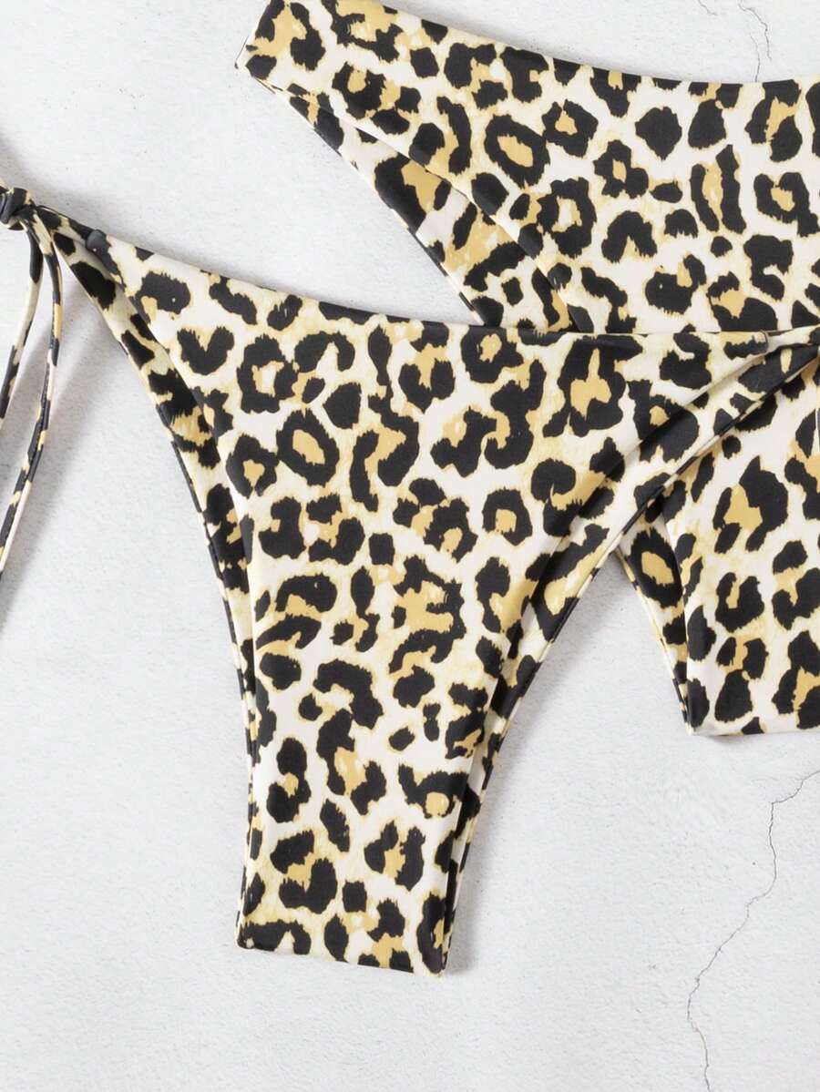 Swim Vcay Summer Beach Women 3pcs/Set Solid Color Halter Backless Tie Top + Knotted Triangle Bikini Bottom + Triangle Bikini Set Set Animal Print Swim Wear Bathing Suit Sets Animal Print Bikini Cheetah Print Bathing Suit Women Swimwear Sets
