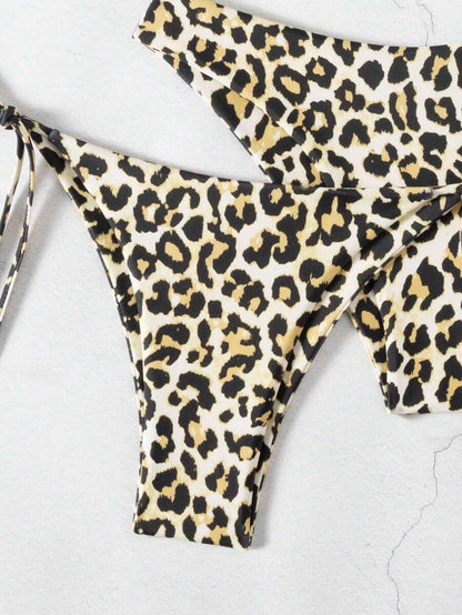 Swim Vcay Summer Beach Women 3pcs/Set Solid Color Halter Backless Tie Top + Knotted Triangle Bikini Bottom + Triangle Bikini Set Set Animal Print Swim Wear Bathing Suit Sets Animal Print Bikini Cheetah Print Bathing Suit Women Swimwear Sets