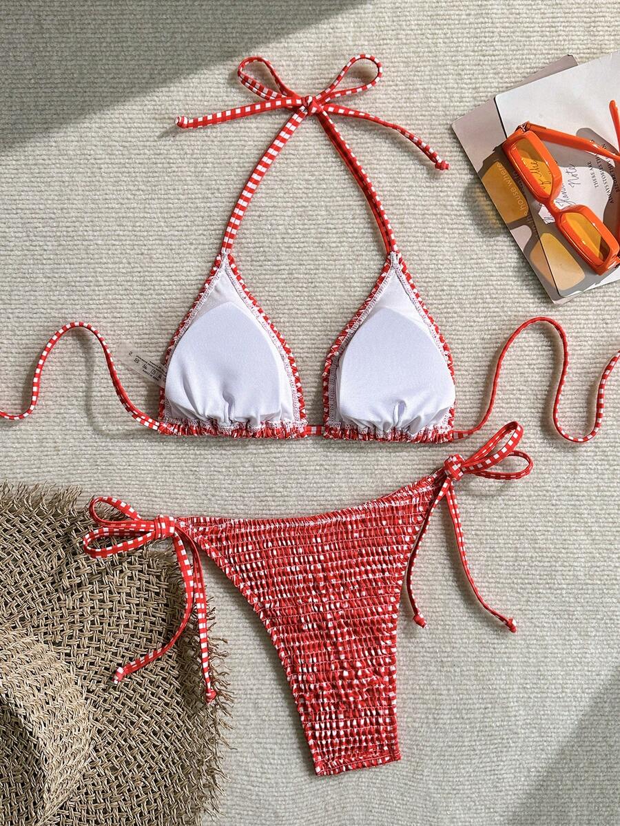 Swim Vcay Women's Ruched Tropical Print Halter Neck Tied Swimsuit And Bikini Set, Summer Beach Vacation