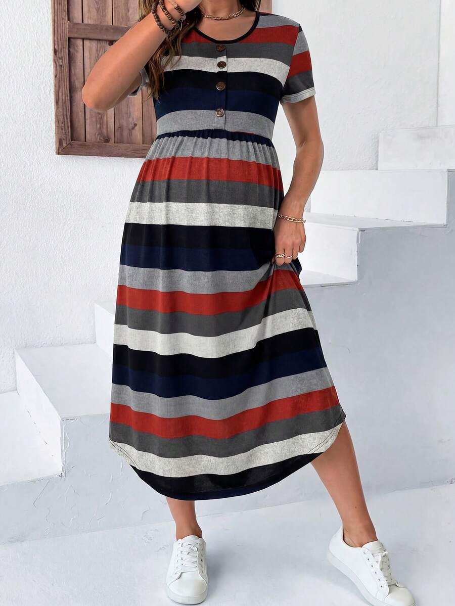 Maternity Striped V-Neck Midi Dress - Casual Short Sleeve High Waist Flared Garden Party Tee Dress in Multicolor