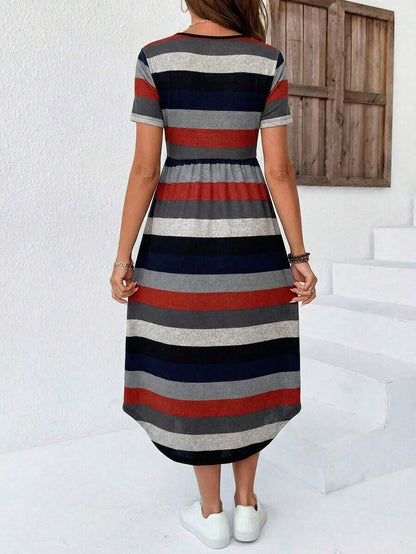 Maternity Striped V-Neck Midi Dress - Casual Short Sleeve High Waist Flared Garden Party Tee Dress in Multicolor