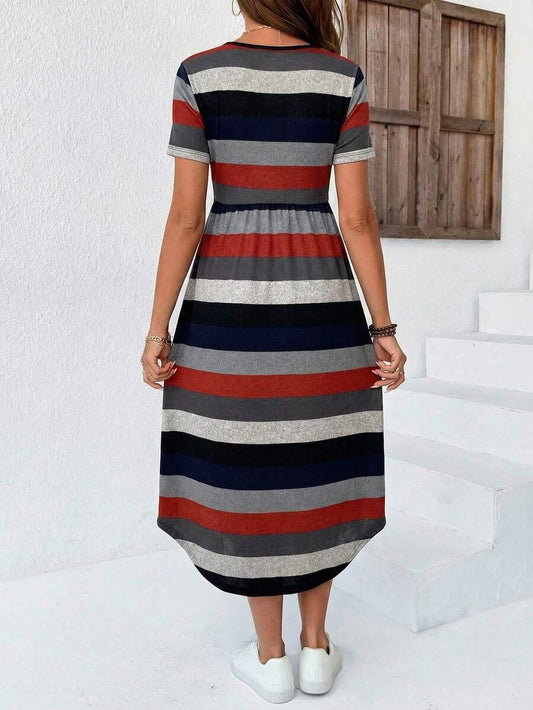 Maternity Striped V-Neck Midi Dress - Casual Short Sleeve High Waist Flared Garden Party Tee Dress in Multicolor