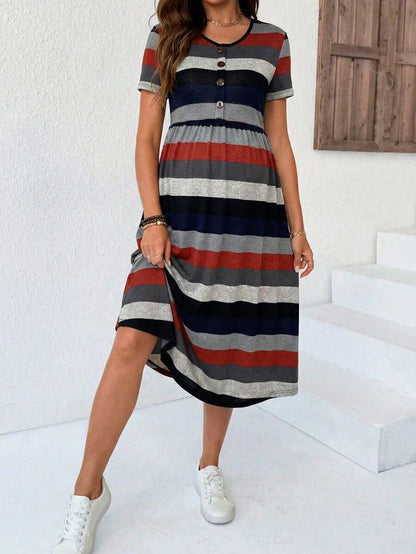 Maternity Striped V-Neck Midi Dress - Casual Short Sleeve High Waist Flared Garden Party Tee Dress in Multicolor