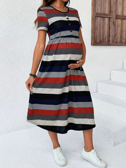 Maternity Striped V-Neck Midi Dress - Casual Short Sleeve High Waist Flared Garden Party Tee Dress in Multicolor
