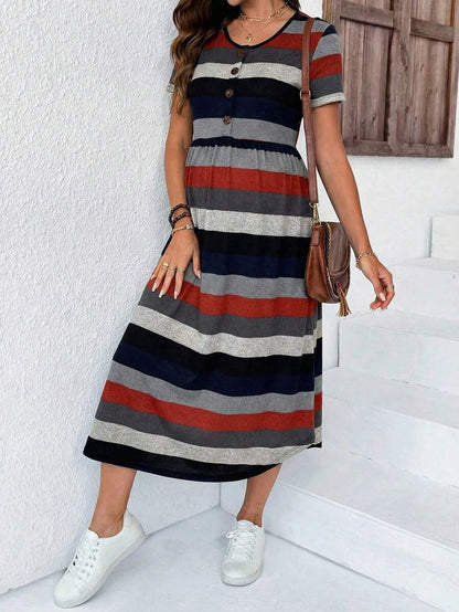 Maternity Striped V-Neck Midi Dress - Casual Short Sleeve High Waist Flared Garden Party Tee Dress in Multicolor