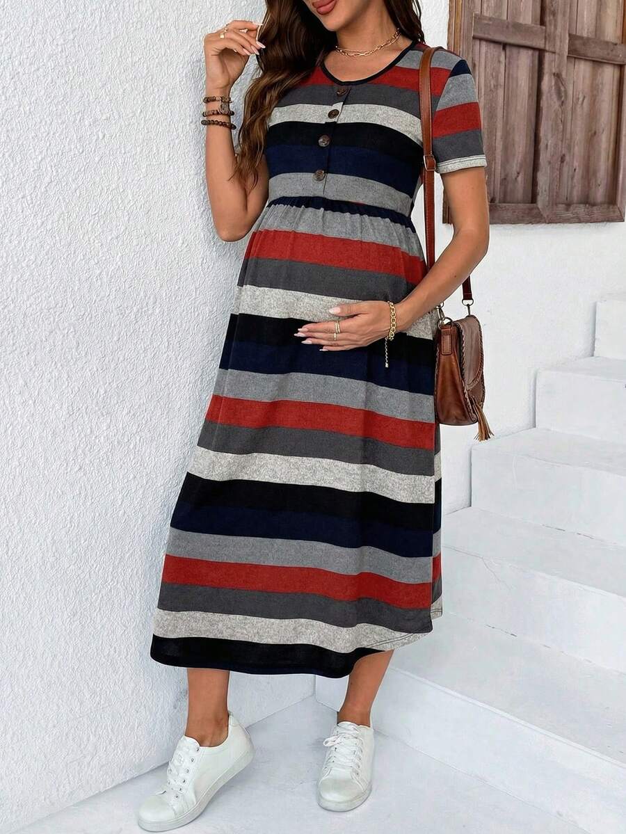 Maternity Striped V-Neck Midi Dress - Casual Short Sleeve High Waist Flared Garden Party Tee Dress in Multicolor