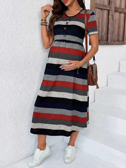 Maternity Striped V-Neck Midi Dress - Casual Short Sleeve High Waist Flared Garden Party Tee Dress in Multicolor