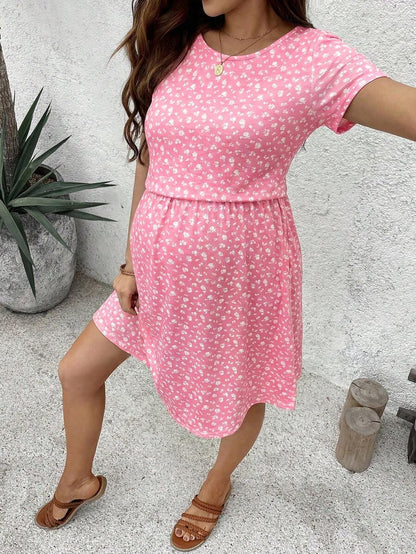 Green Ditsy Floral V Neck Short Sleeve Maternity Nursing Dress Slim Fit Short Flared Beach Vacation Wrap Style Knit Dress