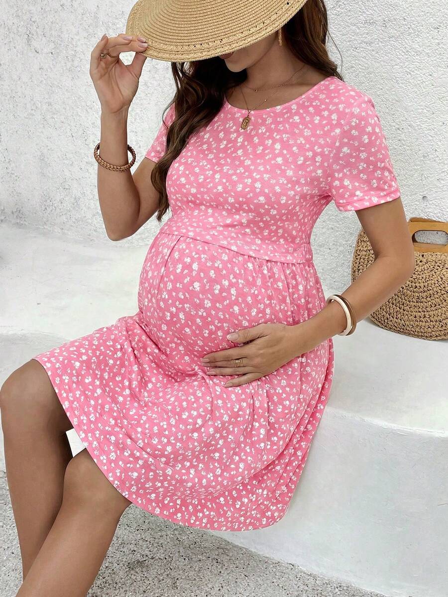 Green Ditsy Floral V Neck Short Sleeve Maternity Nursing Dress Slim Fit Short Flared Beach Vacation Wrap Style Knit Dress