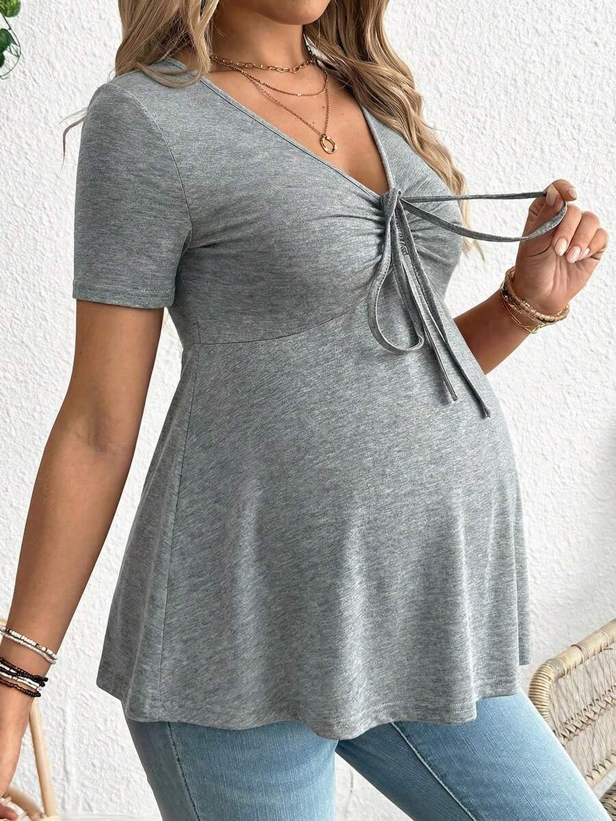 Maternity V-Neck Long Sleeve T-Shirt - Slim Fit Ruched Ruffle Hem Knitted Casual Top for Beach and Daily Wear