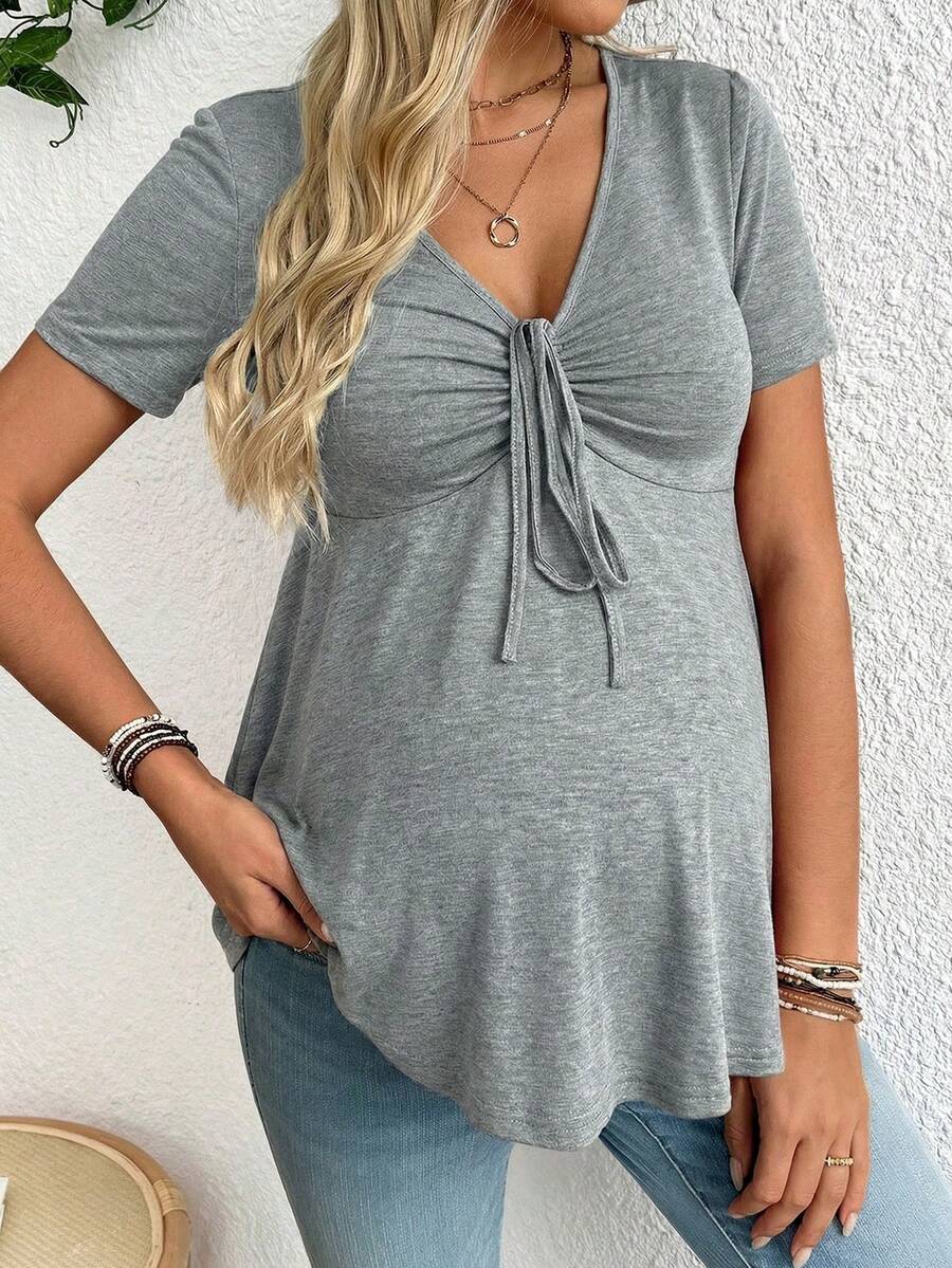 Maternity V-Neck Long Sleeve T-Shirt - Slim Fit Ruched Ruffle Hem Knitted Casual Top for Beach and Daily Wear
