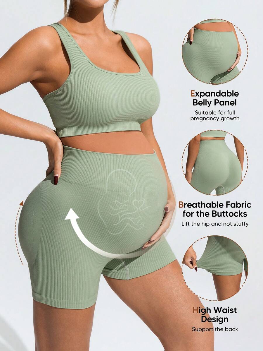 Maternity Sports Set - Cross-Back Bra & High Waist Shorts, Textured, Slim Fit, Green