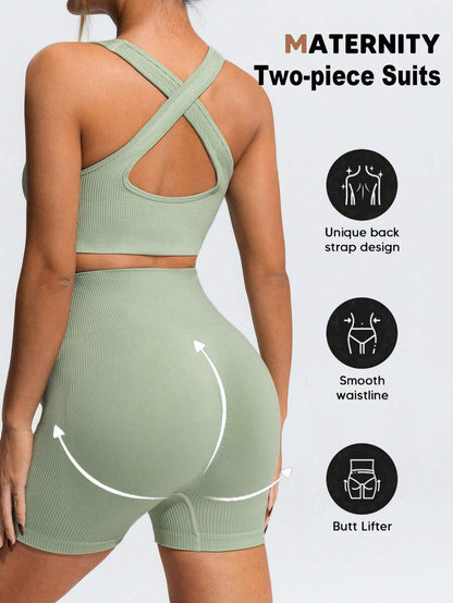 Maternity Sports Set - Cross-Back Bra & High Waist Shorts, Textured, Slim Fit, Green