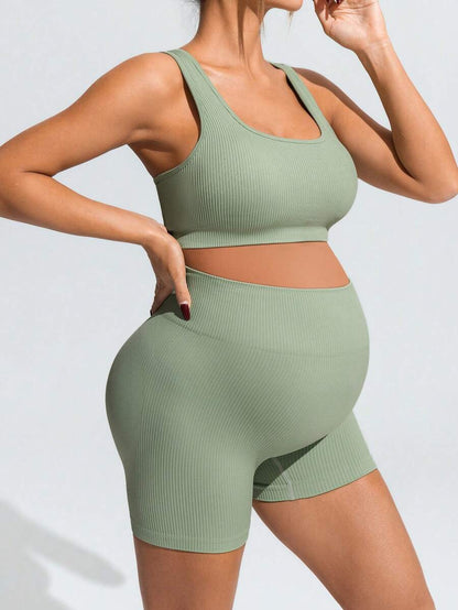 Maternity Sports Set - Cross-Back Bra & High Waist Shorts, Textured, Slim Fit, Green