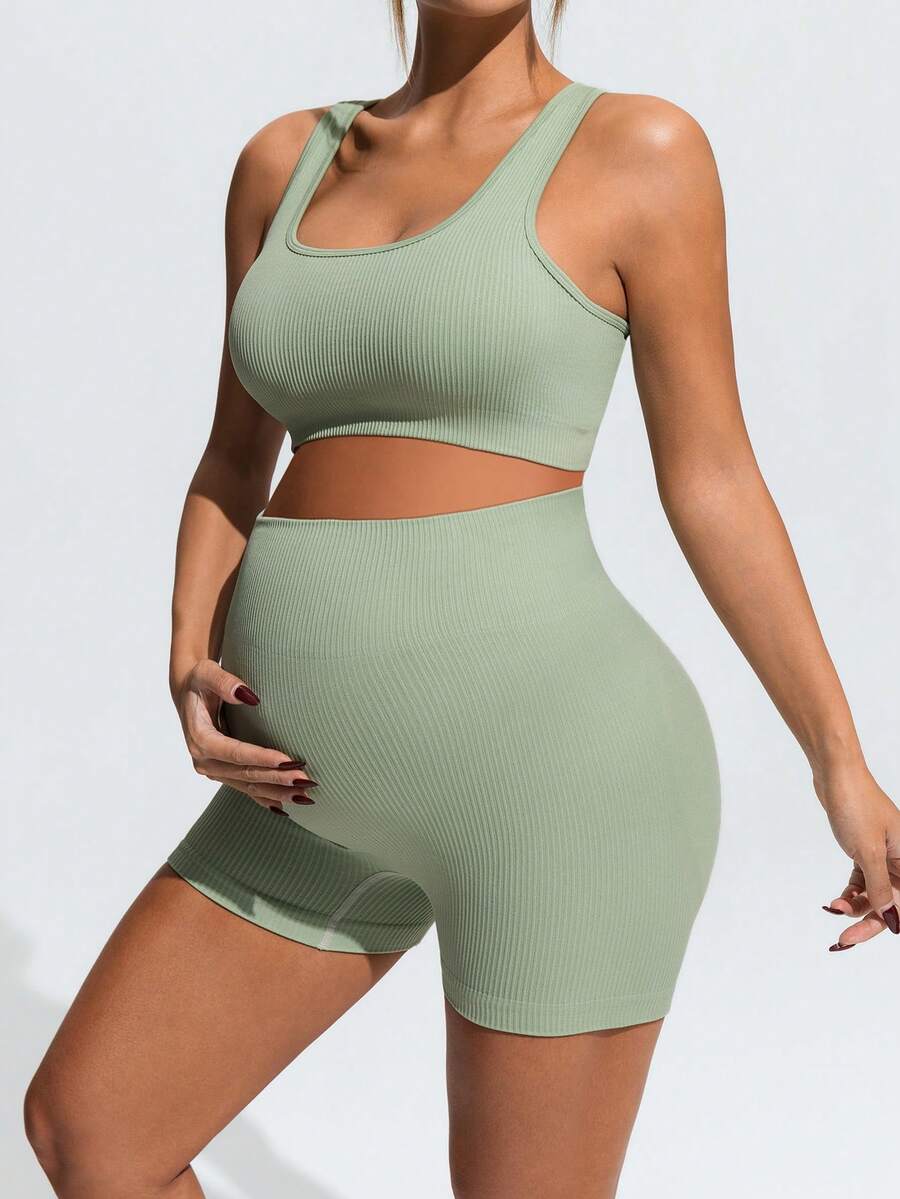 Maternity Sports Set - Cross-Back Bra & High Waist Shorts, Textured, Slim Fit, Green