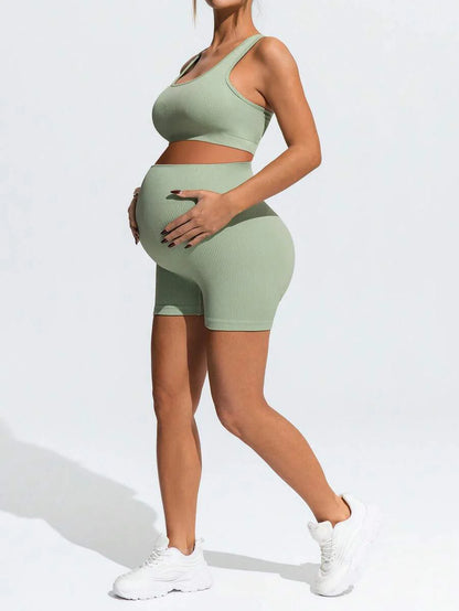 Maternity Sports Set - Cross-Back Bra & High Waist Shorts, Textured, Slim Fit, Green