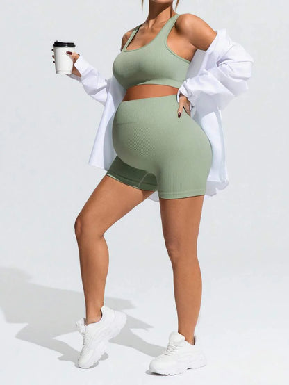 Maternity Sports Set - Cross-Back Bra & High Waist Shorts, Textured, Slim Fit, Green