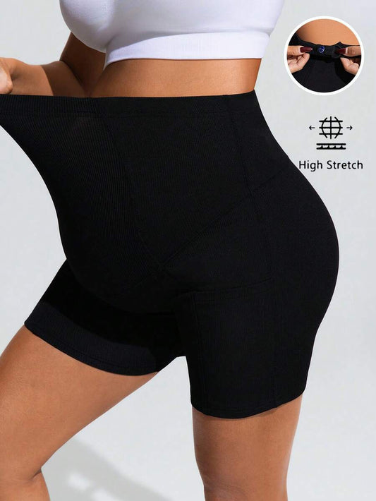 Black Ultra High Waist Maternity Bike Shorts – Elastic Tummy Control Performance Yoga Shorts with Pockets for Pregnancy & Activewear