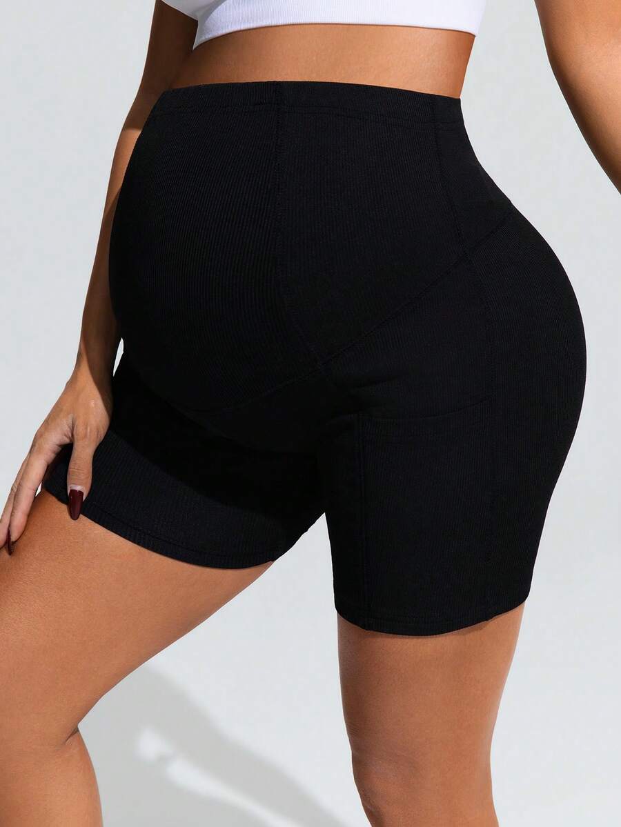 Black Ultra High Waist Maternity Bike Shorts – Elastic Tummy Control Performance Yoga Shorts with Pockets for Pregnancy & Activewear