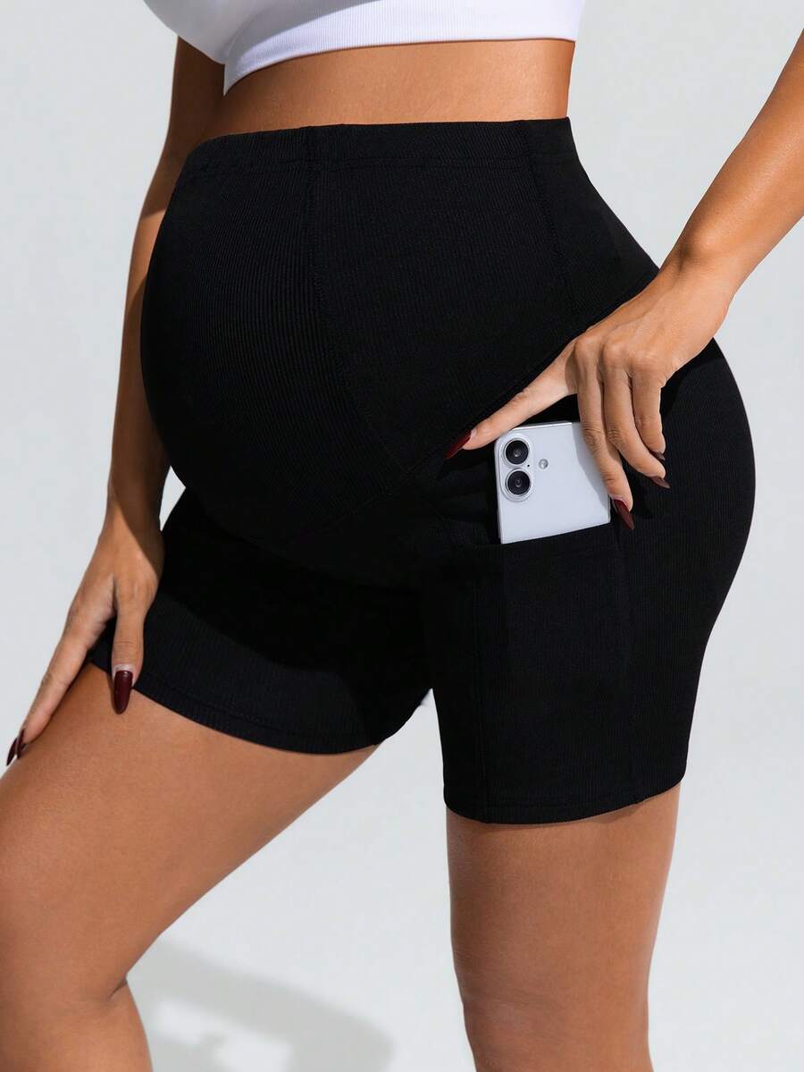Black Ultra High Waist Maternity Bike Shorts – Elastic Tummy Control Performance Yoga Shorts with Pockets for Pregnancy & Activewear