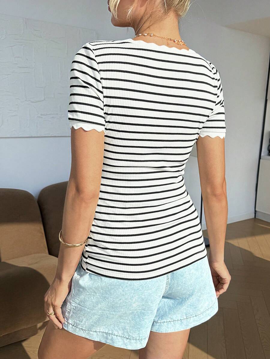 Maternity Striped Short Sleeve Scoop Neck T-Shirt with Scalloped Shell Trim White Casual Summer Pregnancy Tee Slim Fit Medium Stretch