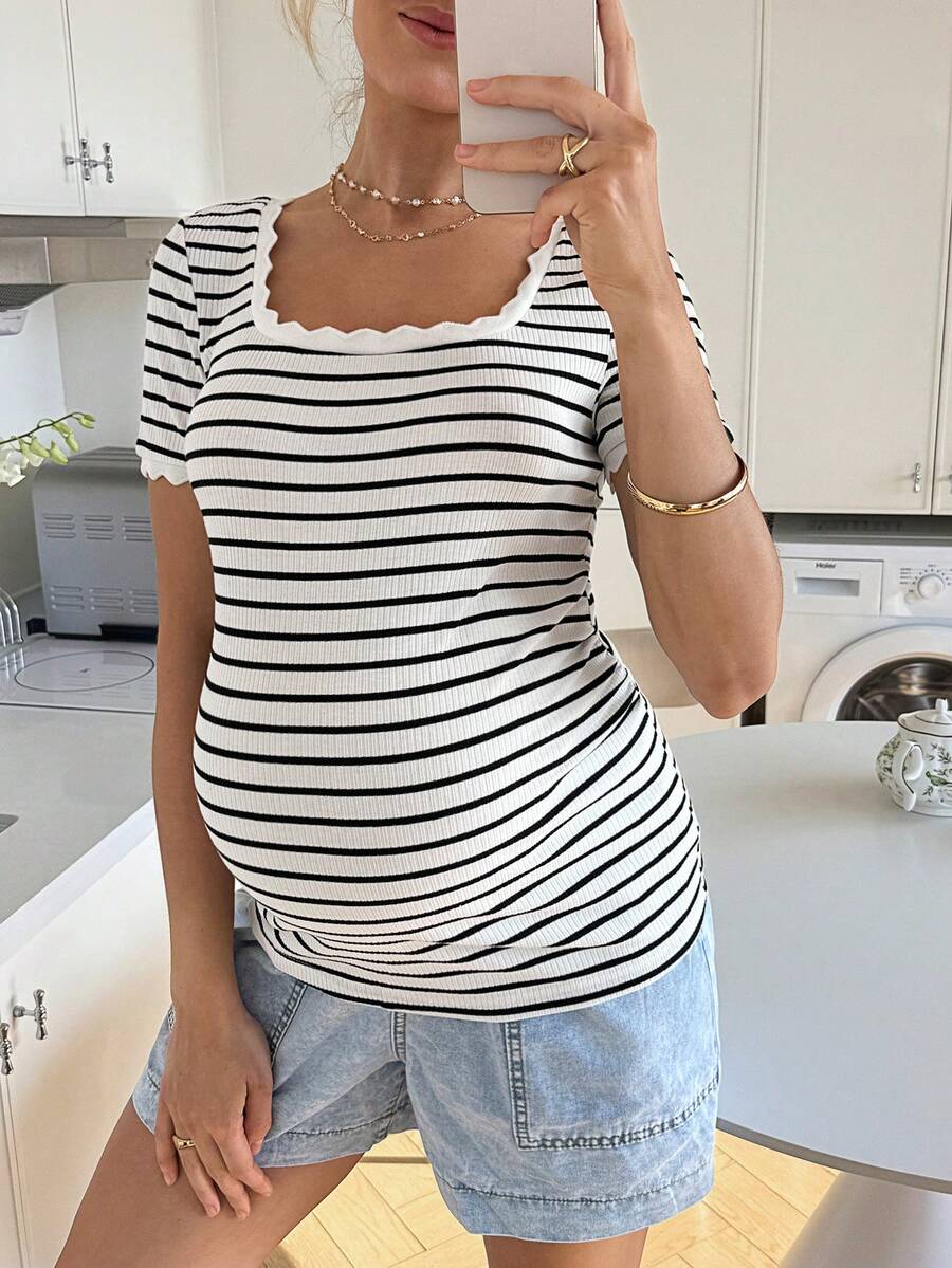 Maternity Striped Short Sleeve Scoop Neck T-Shirt with Scalloped Shell Trim White Casual Summer Pregnancy Tee Slim Fit Medium Stretch