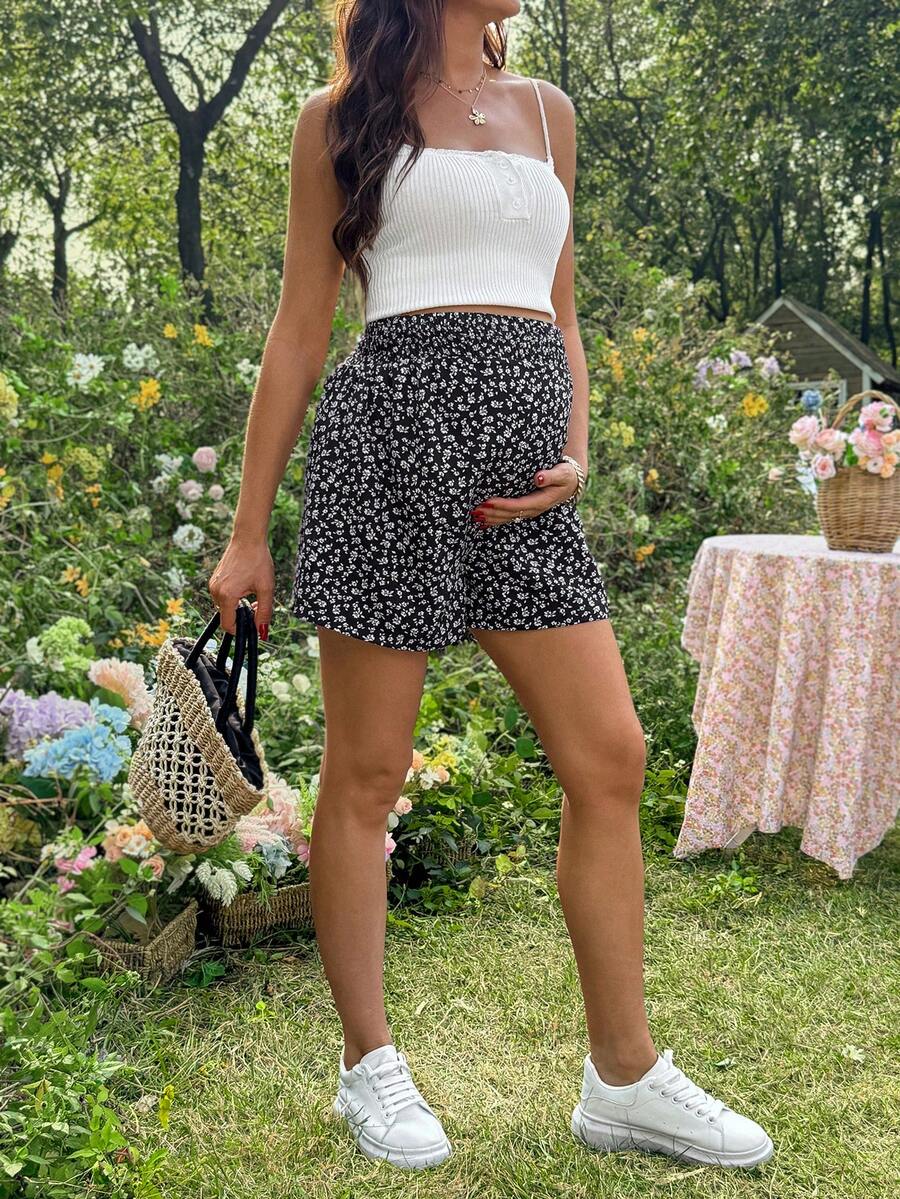 Green Ditsy Floral Maternity Shorts - Boho High Waist Wide Leg Summer Shorts - Loose Fit Elastic Waist Casual Maternity Home Wear