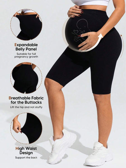 High Waist Maternity 7/8 Pants - Breathable Fabric Solid Color Sports Wear