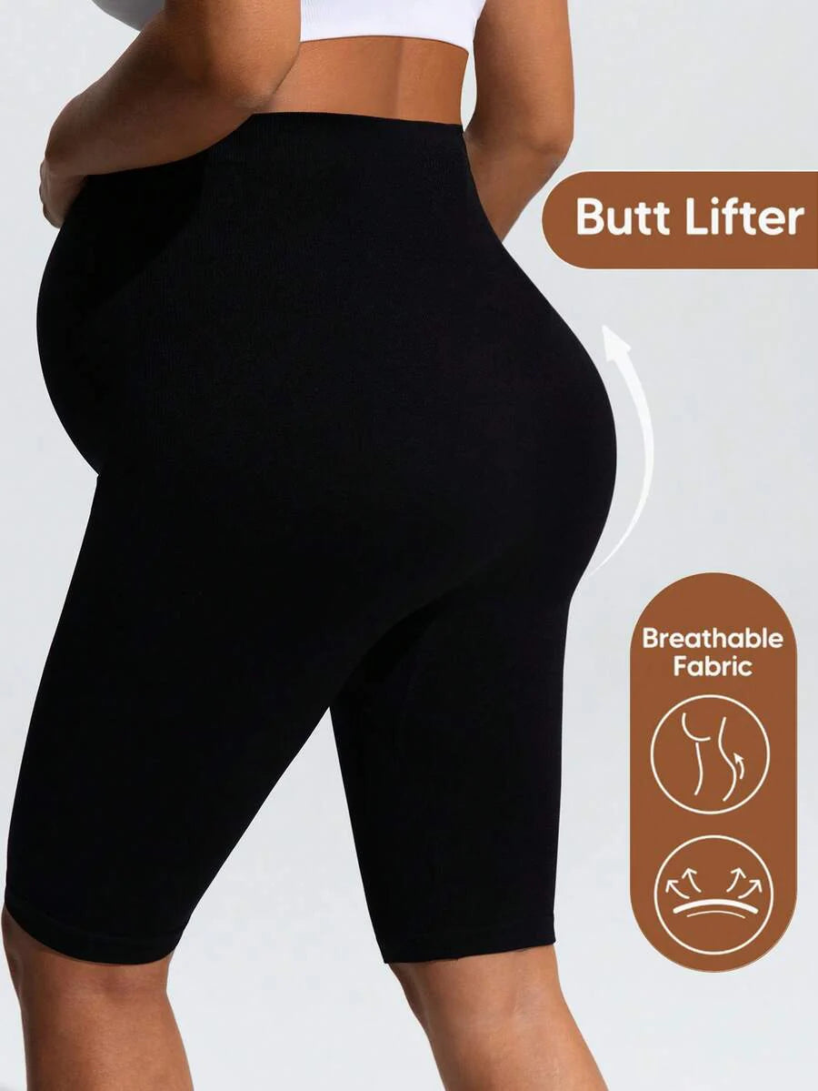High Waist Maternity 7/8 Pants - Breathable Fabric Solid Color Sports Wear