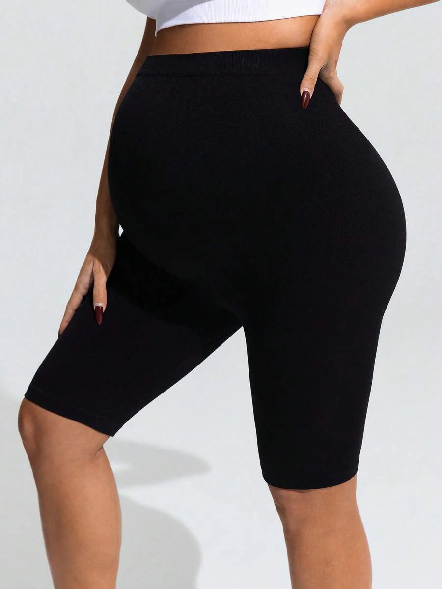 High Waist Maternity 7/8 Pants - Breathable Fabric Solid Color Sports Wear