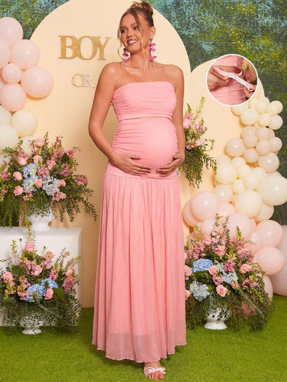 Maternity Elegant Solid Pink 2 Piece Set Strapless Bandeau Top and Long Skirt for Baby Shower and Gender Reveal