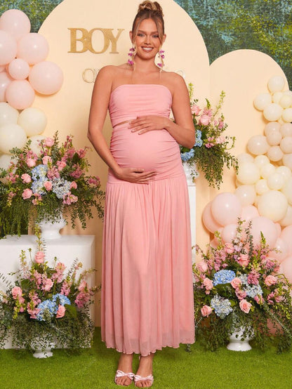 Maternity Elegant Solid Pink 2 Piece Set Strapless Bandeau Top and Long Skirt for Baby Shower and Gender Reveal
