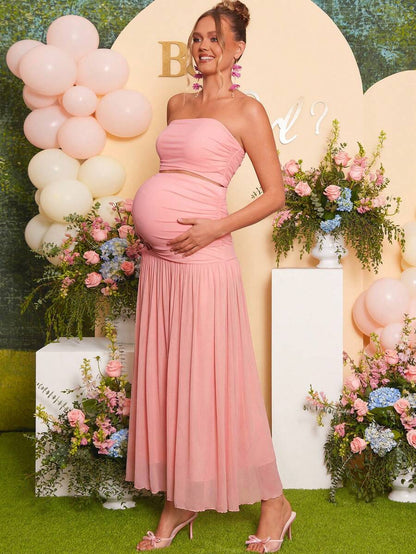 Maternity Elegant Solid Pink 2 Piece Set Strapless Bandeau Top and Long Skirt for Baby Shower and Gender Reveal