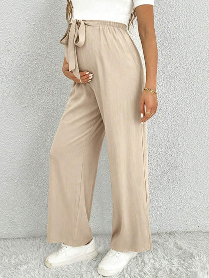 Maternity Straight Leg Pants - Belted Waist, Cooling Fabric, Ultra High Waist, Black
