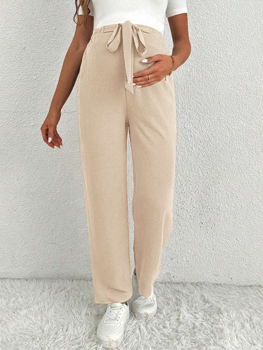 Maternity Straight Leg Pants - Ultra High Waist, Elastic Waist, Knot Detail, Navy Blue