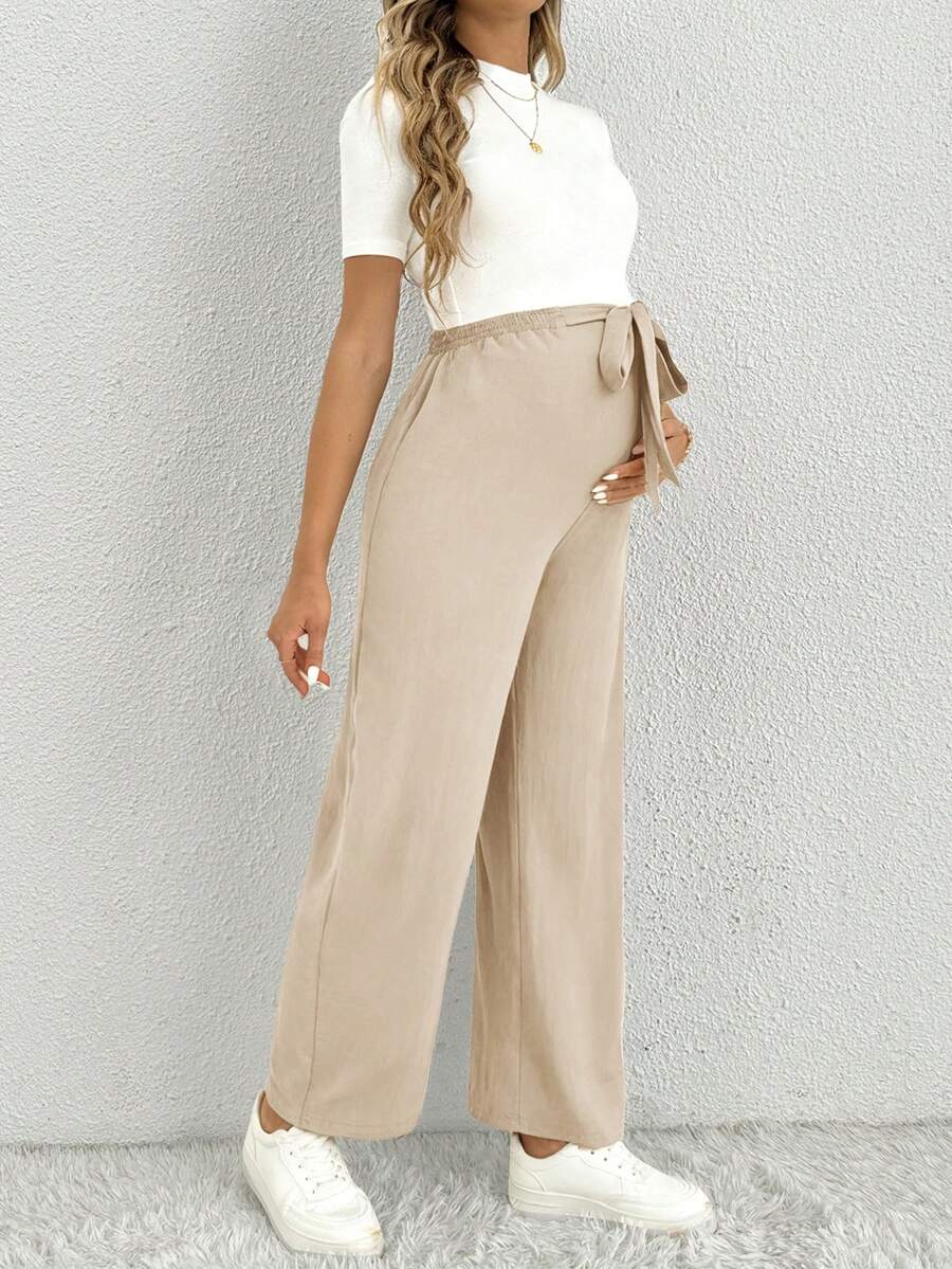 Maternity Straight Leg Pants - Belted Waist, Cooling Fabric, Ultra High Waist, Black