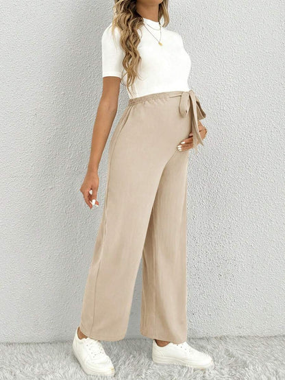 Maternity Straight Leg Pants - Belted Waist, Cooling Fabric, Ultra High Waist, Black