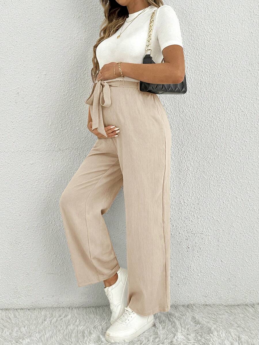 Maternity Straight Leg Pants - Ultra High Waist, Elastic Waist, Knot Detail, Navy Blue
