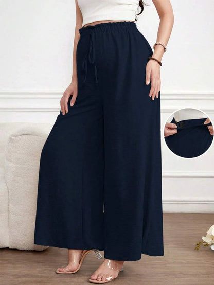 Maternity Wide Leg Pants Loose Fit Redwood Drawstring Elastic Waist Casual Long Trousers for Home and Summer Comfort
