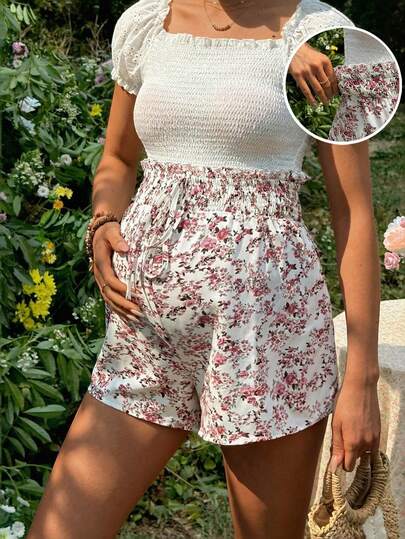 Boho Ditsy Floral Maternity Summer Shorts - Loose Fit Elastic Waist Beach Lounge Wear with Drawstring Detail - Multicolor