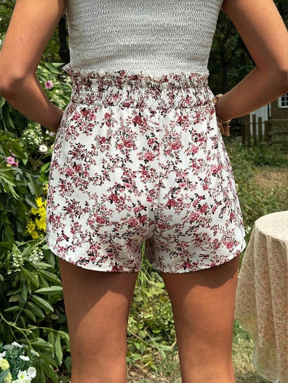 Boho Ditsy Floral Maternity Summer Shorts - Loose Fit Elastic Waist Beach Lounge Wear with Drawstring Detail - Multicolor