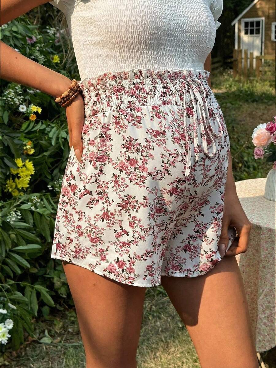 Boho Ditsy Floral Maternity Summer Shorts - Loose Fit Elastic Waist Beach Lounge Wear with Drawstring Detail - Multicolor