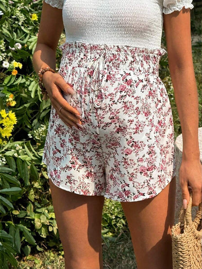 Boho Ditsy Floral Maternity Summer Shorts - Loose Fit Elastic Waist Beach Lounge Wear with Drawstring Detail - Multicolor