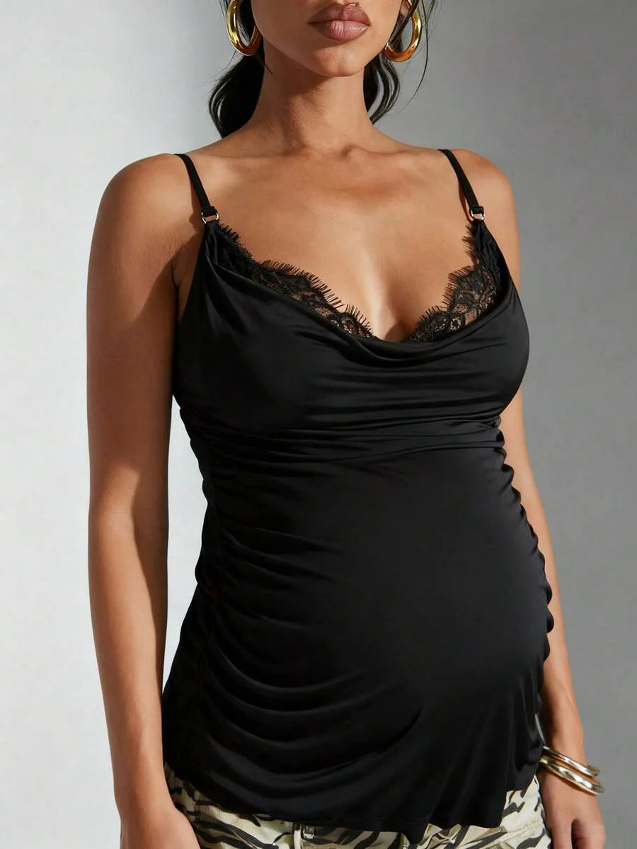 Apricot Cowl Neck Maternity Cami - Sexy Lace Detail Asymmetrical Spaghetti Strap Camisole - Lightweight Cold Shoulder Night Out Top